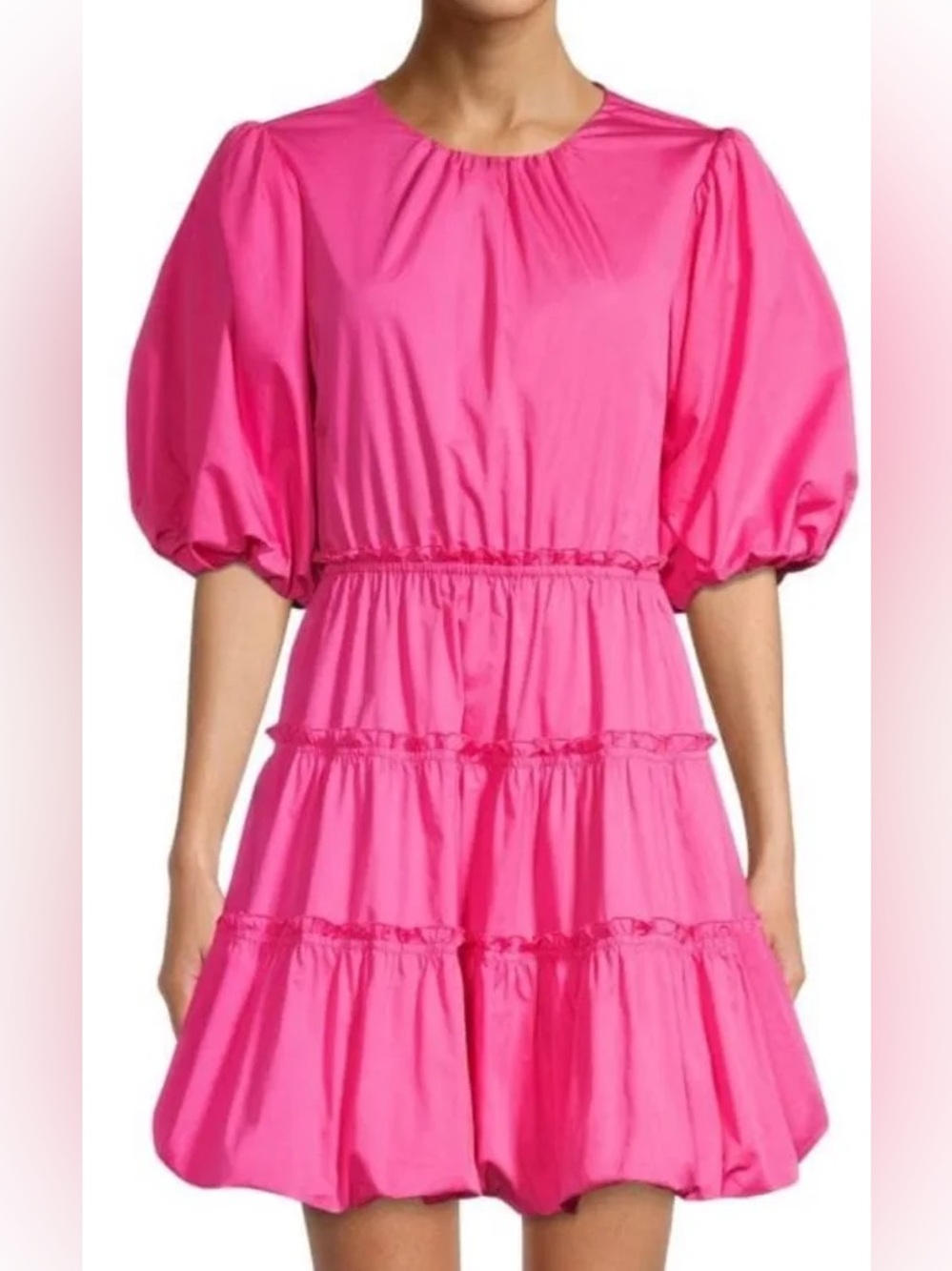 Jason Wu short sleeve tiered dress with bubble hem in hot pink